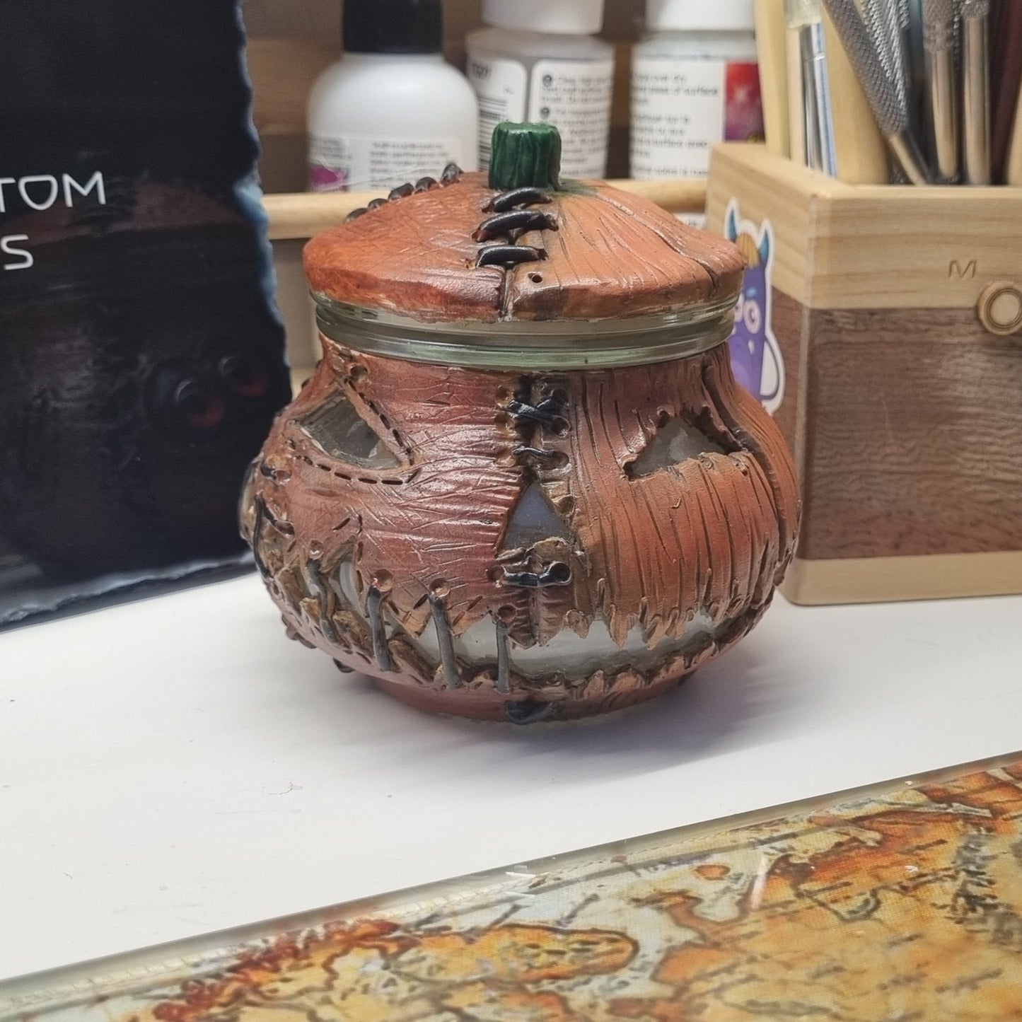 Stitched Pumpkin Jar Tealight Holder – Handmade 220ml Polymer Clay Jack-o'-Lantern with Glass Eyes & Hidden Souls