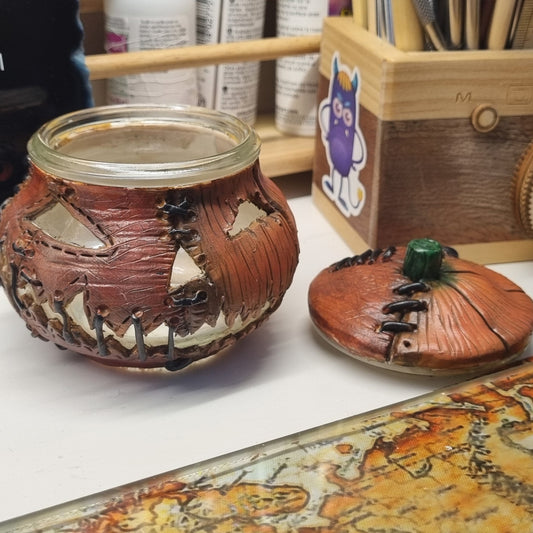 Stitched Pumpkin Jar Tealight Holder – Handmade 220ml Polymer Clay Jack-o'-Lantern with Glass Eyes & Hidden Souls