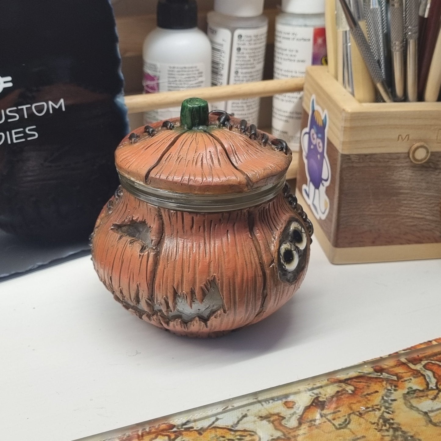 Stitched Pumpkin Jar Tealight Holder – Handmade 220ml Polymer Clay Jack-o'-Lantern with Glass Eyes & Hidden Souls