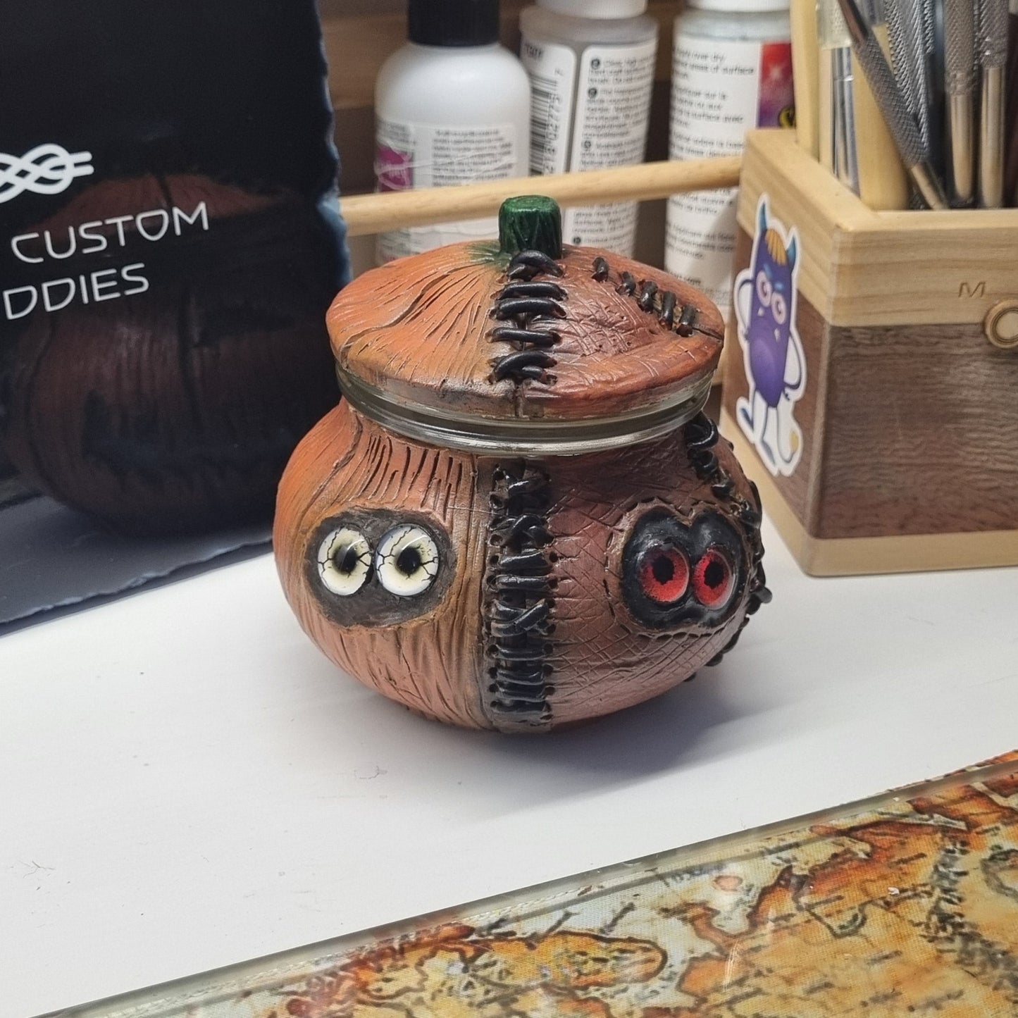 Stitched Pumpkin Jar Tealight Holder – Handmade 220ml Polymer Clay Jack-o'-Lantern with Glass Eyes & Hidden Souls