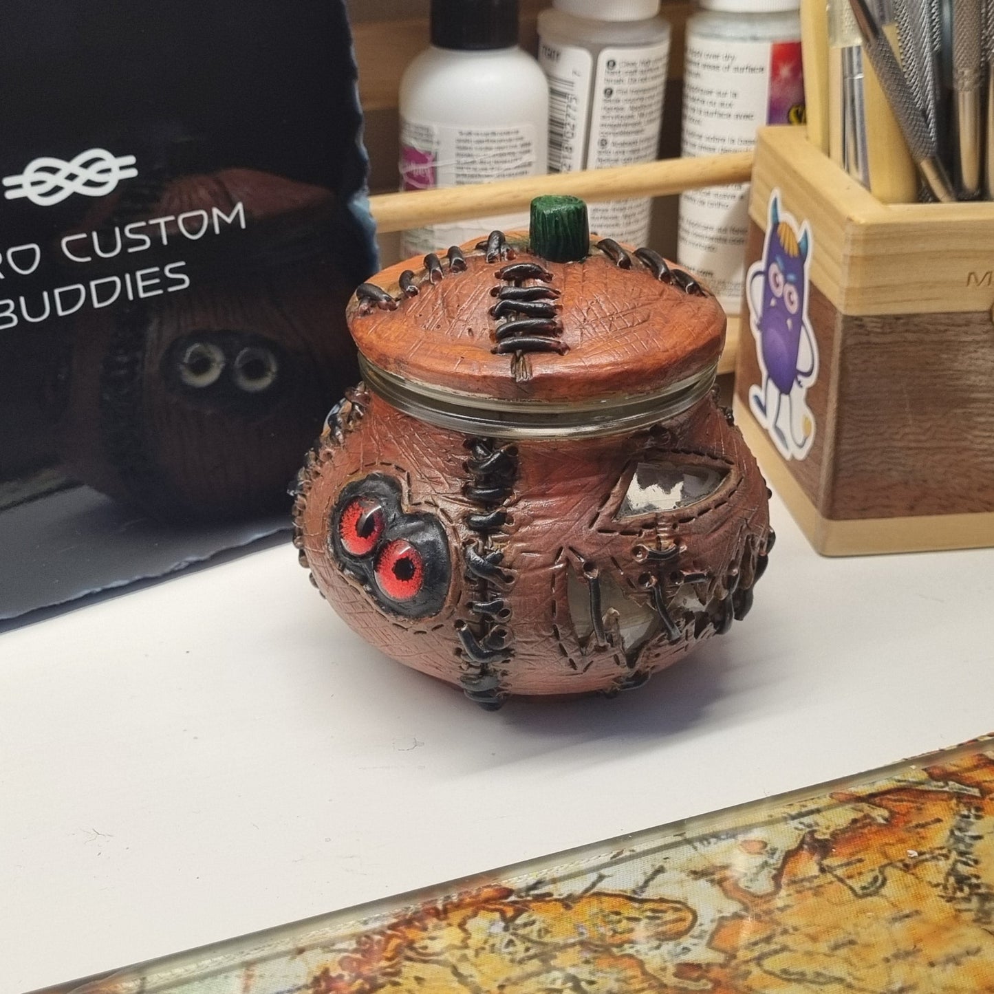 Stitched Pumpkin Jar Tealight Holder – Handmade 220ml Polymer Clay Jack-o'-Lantern with Glass Eyes & Hidden Souls