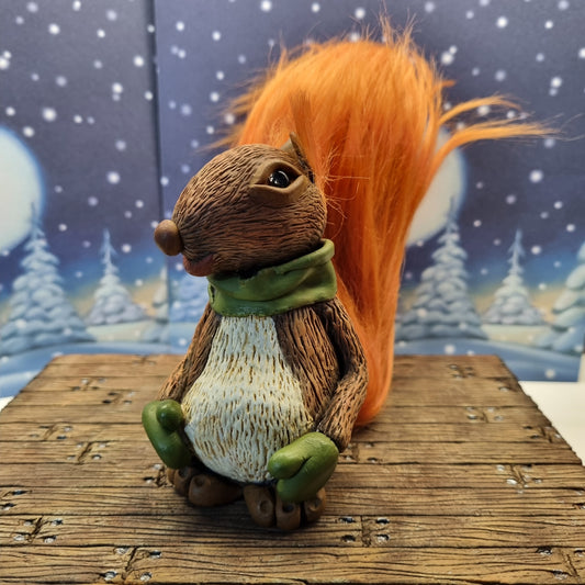 Handmade Woodland Squirrel Sculpture - Polymer Clay Figure