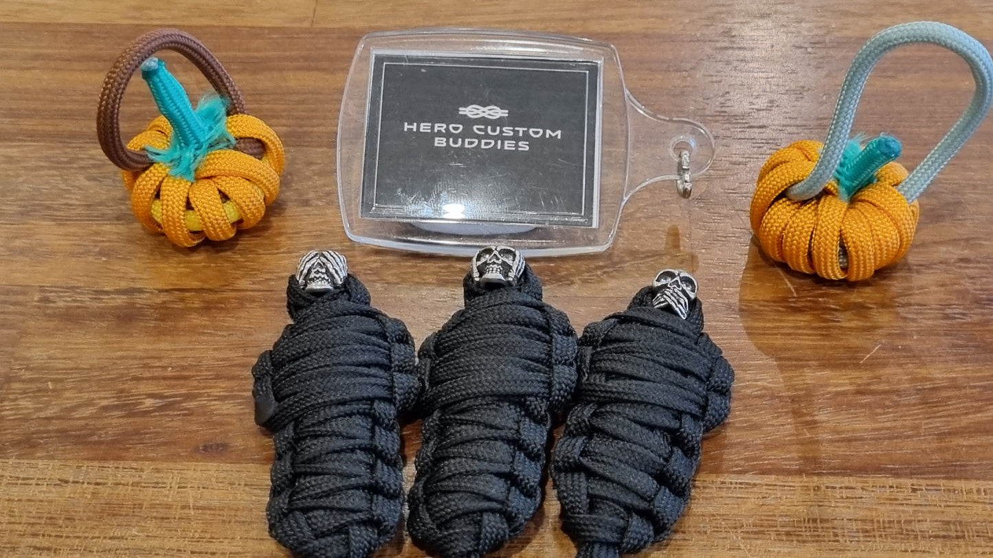 Set of 3 Mummy Metal Bead Skulls Paracord Keychains