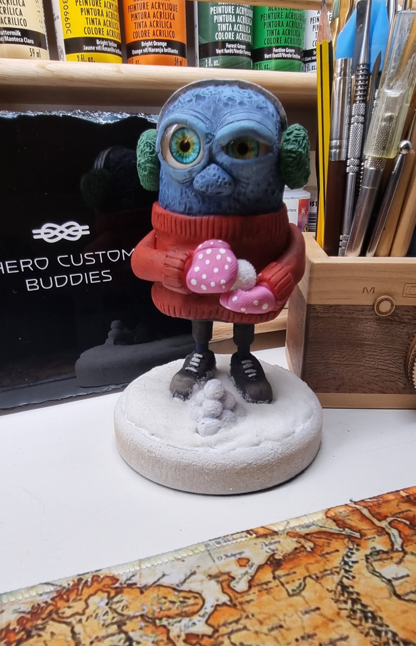 Snowball Fight Monster Polymer Clay Sculpture OOAK