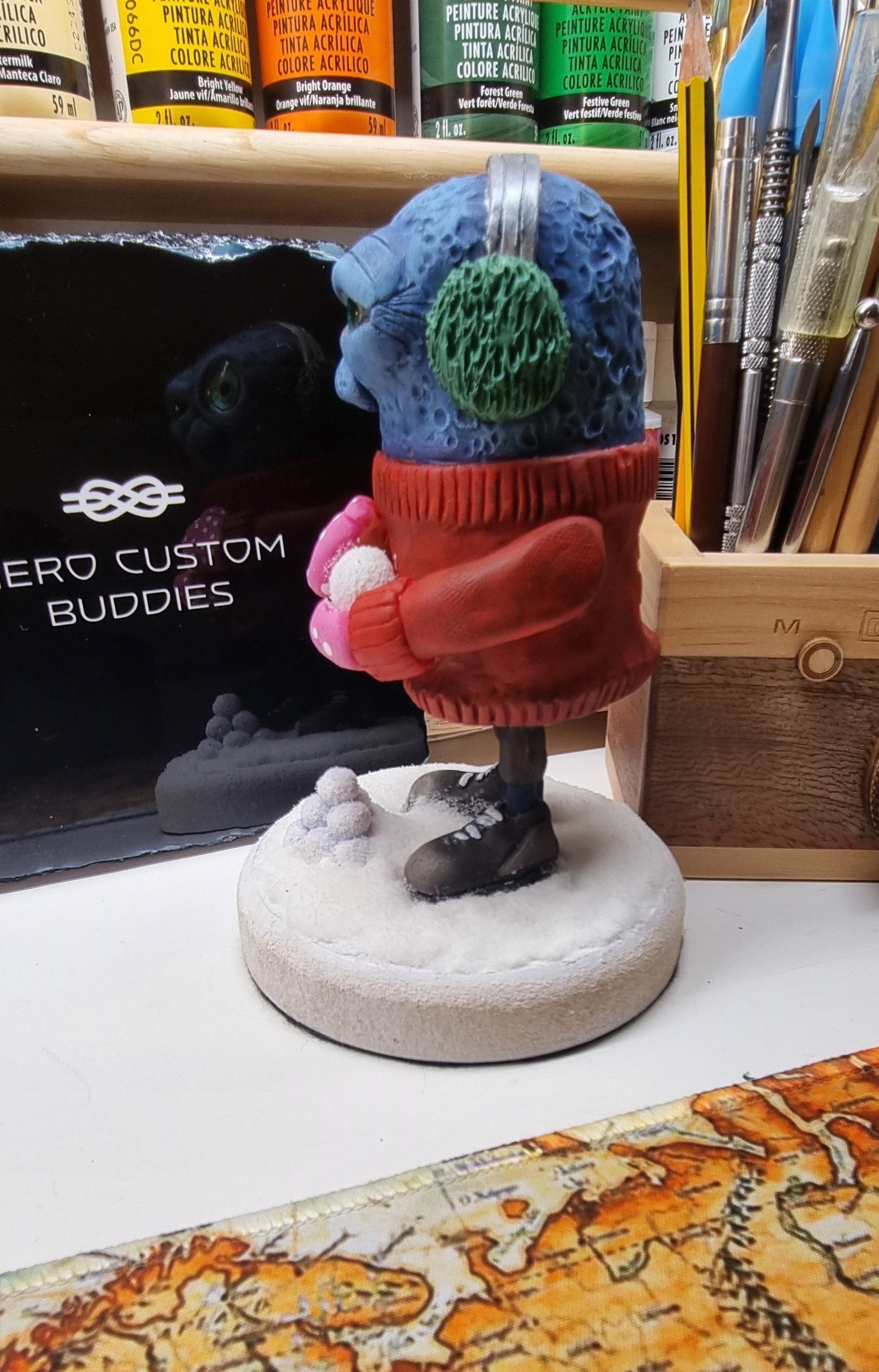 Snowball Fight Monster Polymer Clay Sculpture OOAK