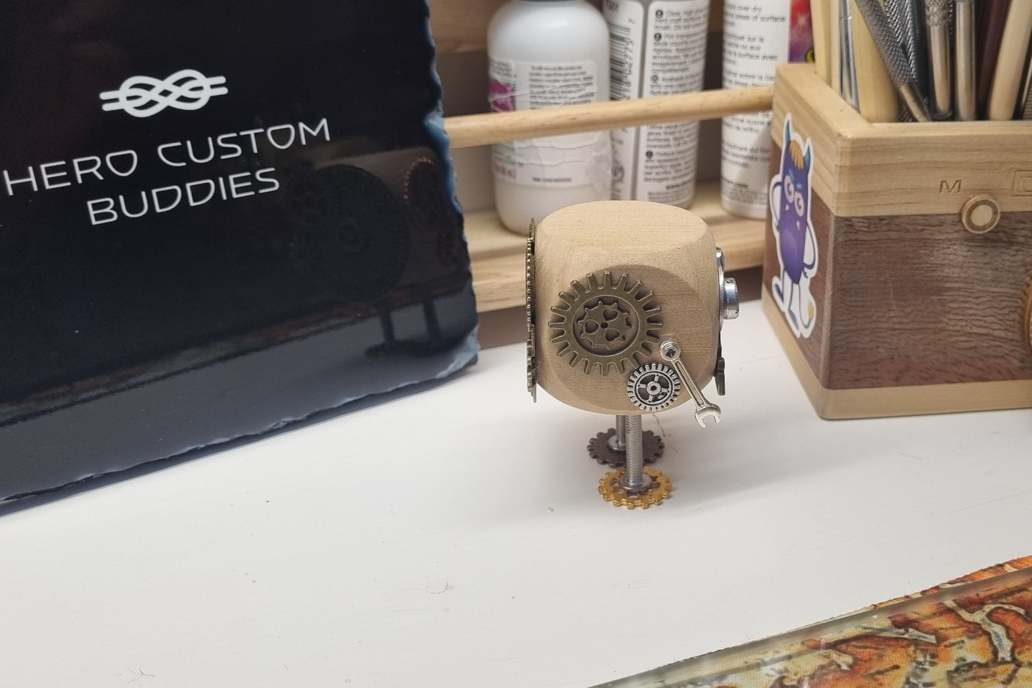 Wooden Steampunk Robot Desk Buddy