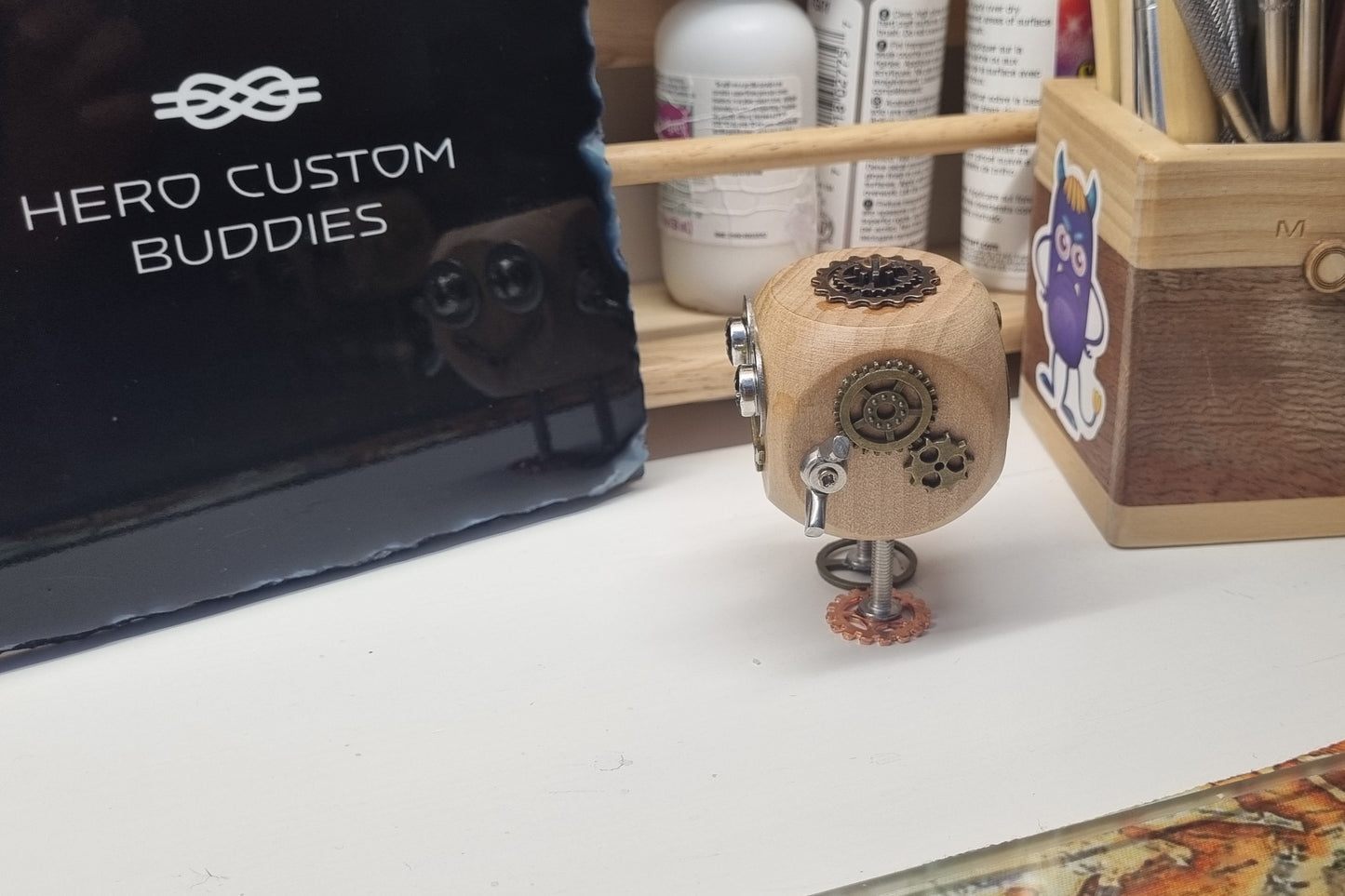 Wooden Steampunk Robot Desk Buddie