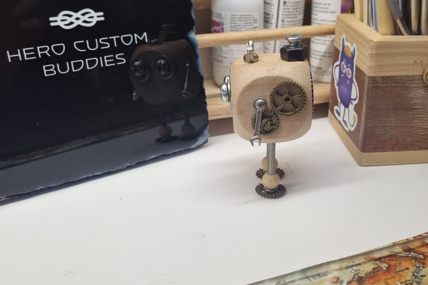 Wooden Steampunk Robot Desk Buddie