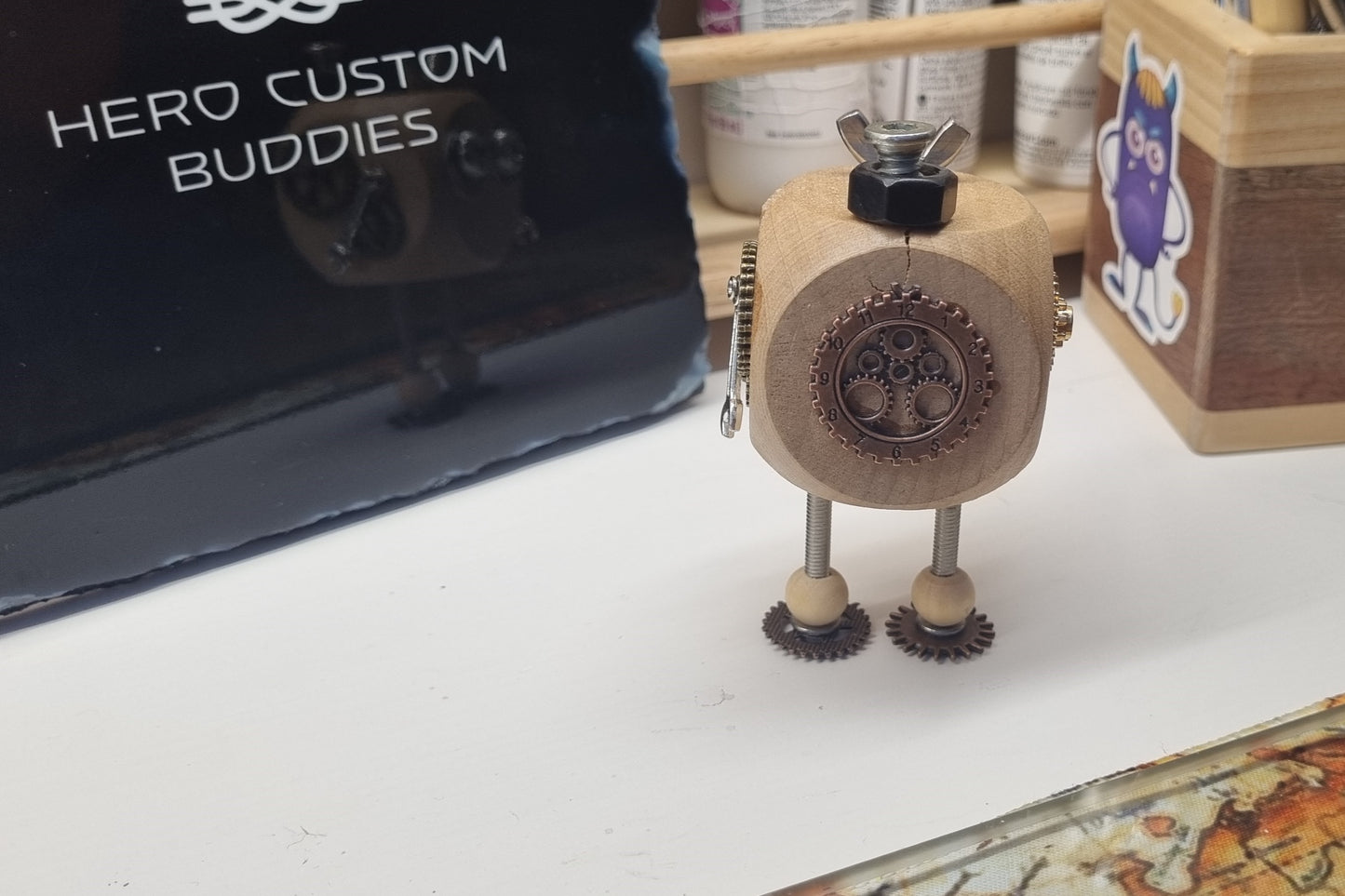 Wooden Steampunk Robot Desk Buddie