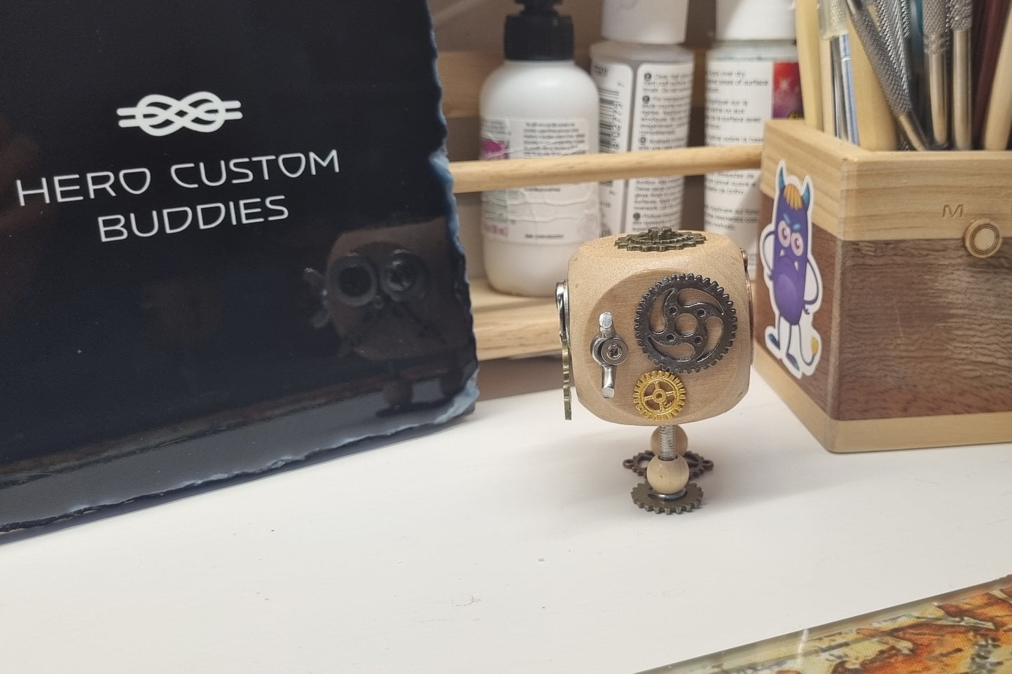 Wooden Steampunk Robot Desk Buddie