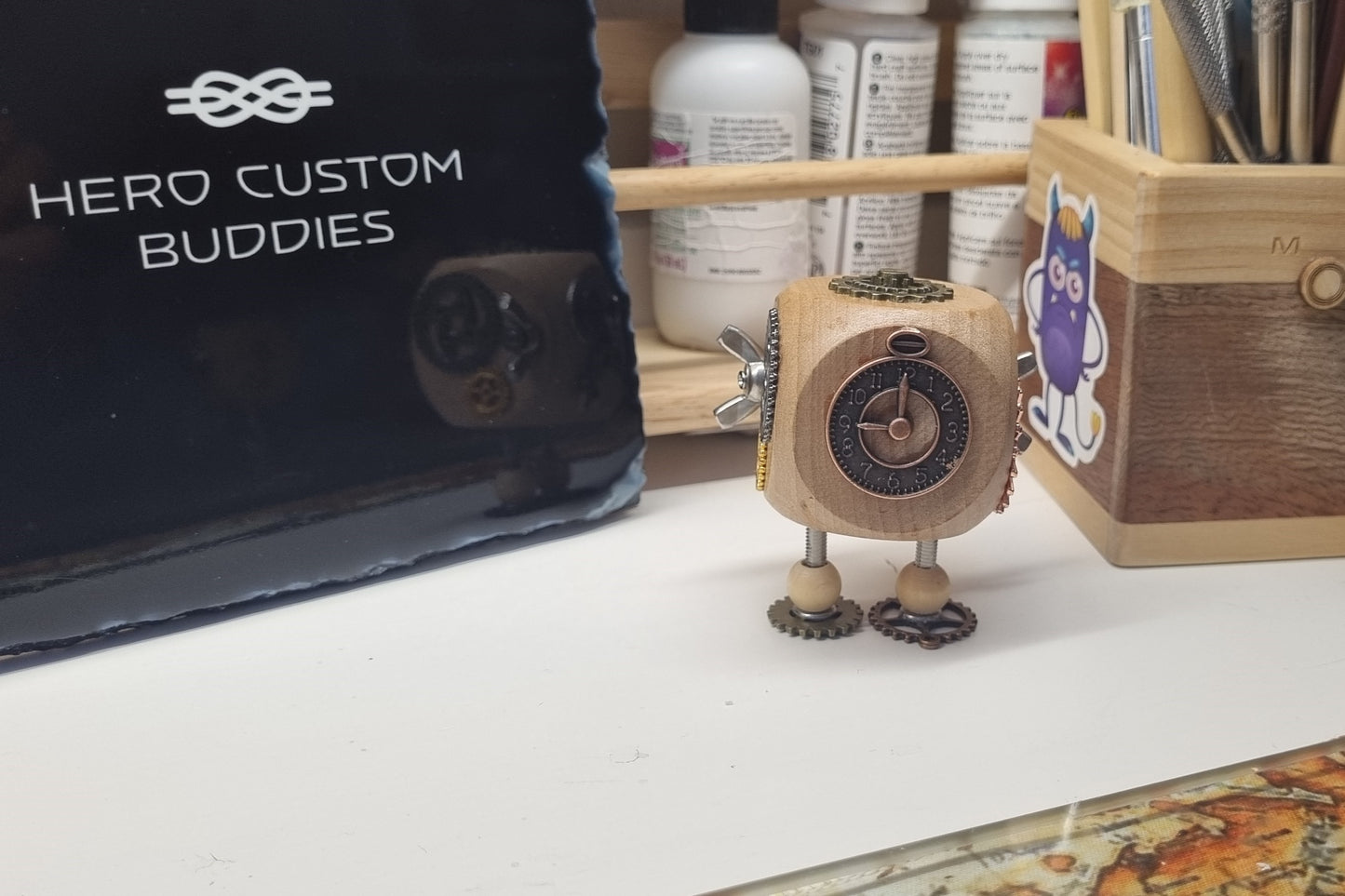 Wooden Steampunk Robot Desk Buddie