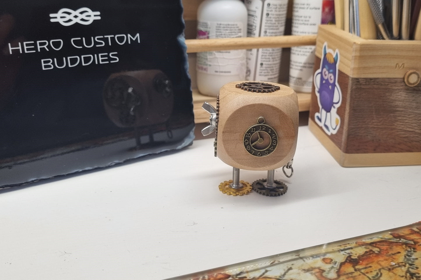 Wooden Steampunk Robot Desk Buddie