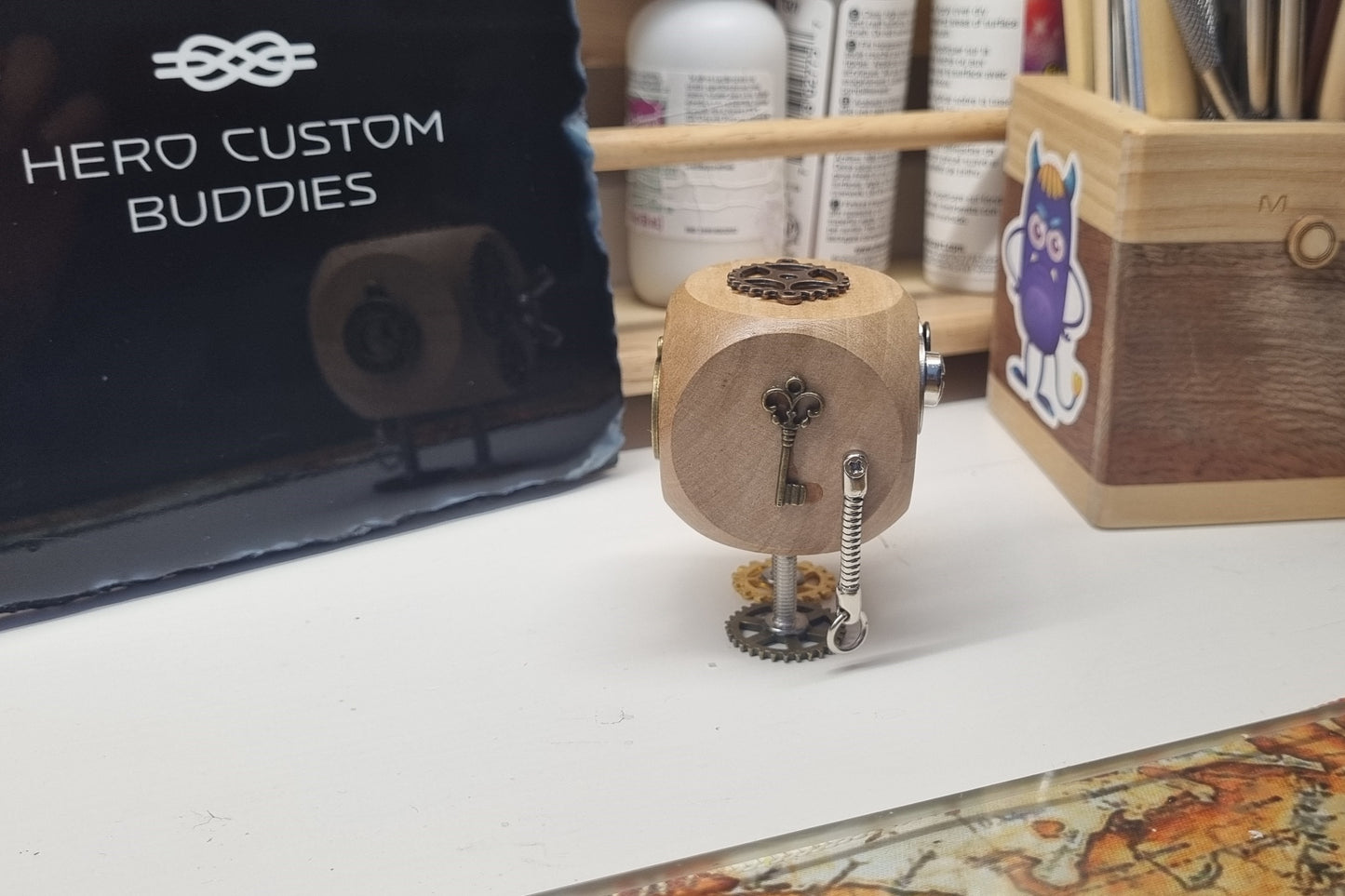 Wooden Steampunk Robot Desk Buddie