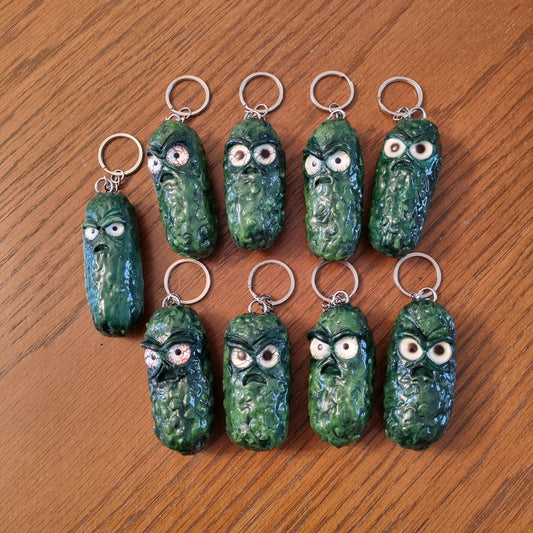 Grumpy Pickle Keychain – Handmade Polymer Clay Funny Gift – 3" Green Pickle Charm