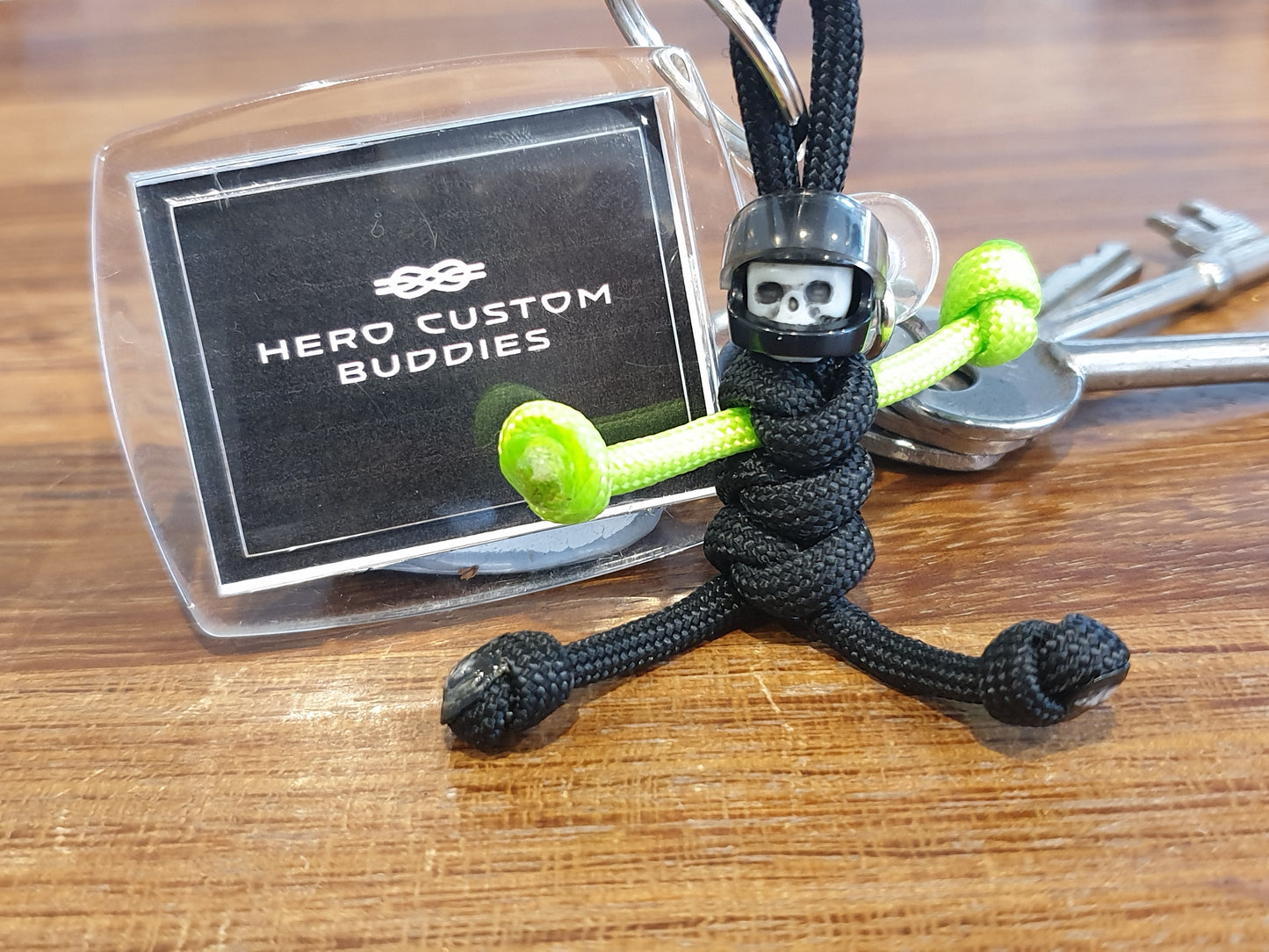 Skull Biker Buddy Black And Fluorescent Green Paracord Buddy Keychain