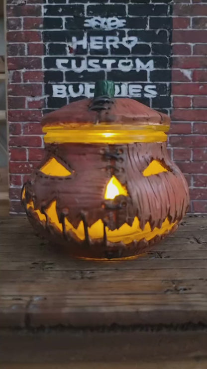 Photophore Citrouille Cousue – Jack-o'-Lantern fait main en pâte polymère de 220 ml avec yeux en verre et âmes cachées